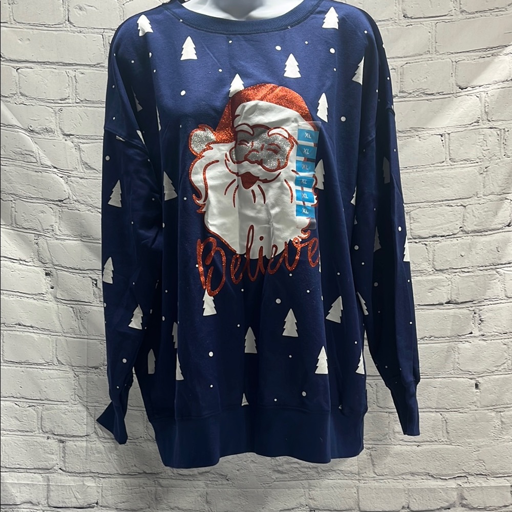 Rockin Around Blue Santa Christmas Believe Sweatshirt NWT
